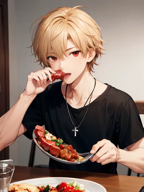 1 boy,solo,20 years old,guy,Eat meat at the dinner table, at night,HD face,Focus on face,cross necklace,handsome,messy hair,Perfect face, detailed face, short hair, blonde hair,black t-shirt, Plain t-shirt,black t-shirt,short sleeve t-shirt,black trousers,...