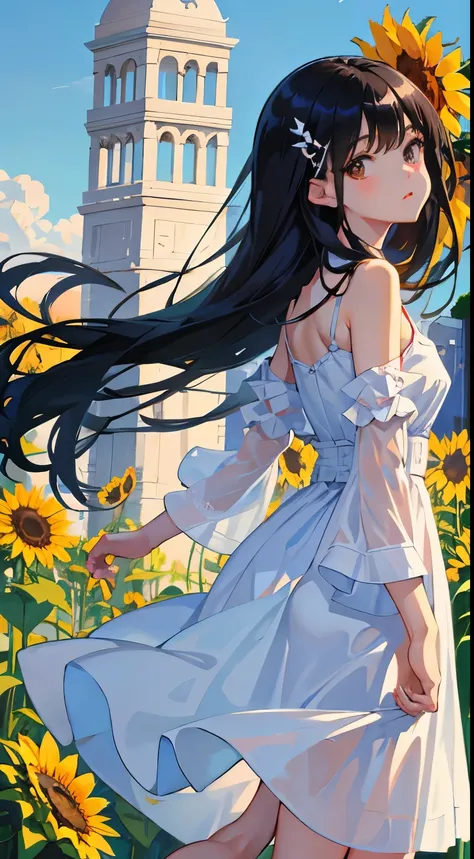 (short cute girl，small young student，young delicate girl）,（masterpiece，Top quality)，long black hair, white dress，sunflower