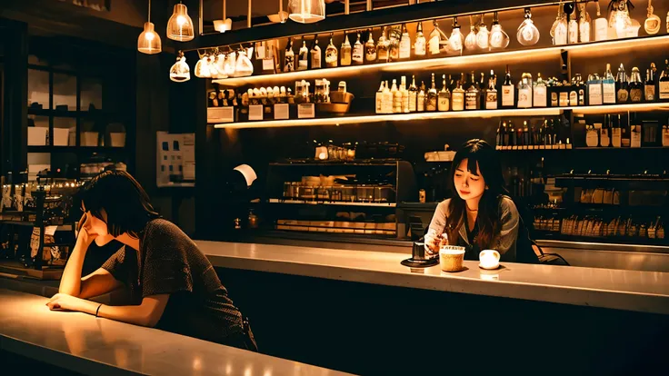 Night scene of a coffee shop with a bar and a couple of people, cozy cafe background, coffee lighting, Night Coffee, coffee shop, Izakaya Nightlife Lifestyle, A dimly lit cozy pub, nighttime rendering, A dimly lit cozy pub, octane rendering. por makoto shi...