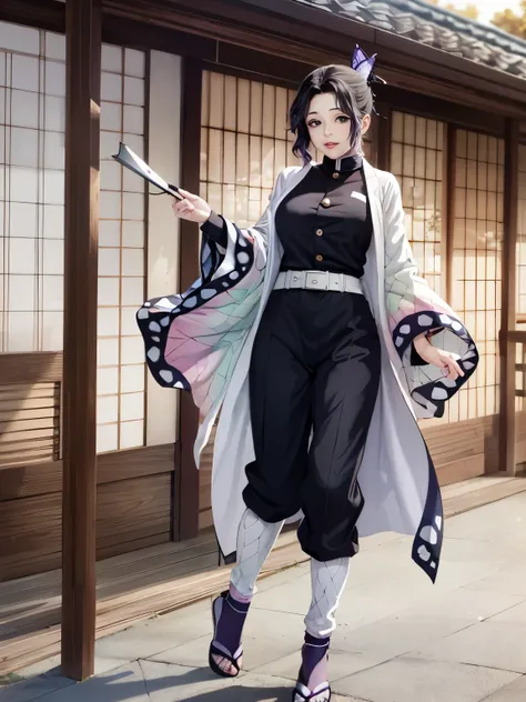 Cartoon image of a woman in kimono holding a stick, Inspired by Morikage Hisumi, Misato Katsuragi, eager character, new house autumn, Demon Slayer: Rui fan art, Hinata Hinata, Full body white and purple cloak, Ghost Slayers Blade, leisurely style, Koyoharu...