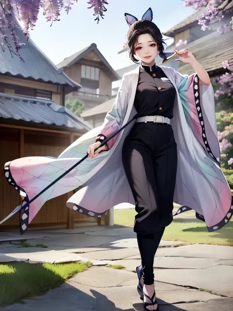 Cartoon image of a woman in kimono holding a stick, Inspired by Morikage Hisumi, Misato Katsuragi, eager character, new house autumn, Demon Slayer: Rui fan art, Hinata Hinata, Full body white and purple cloak, Ghost Slayers Blade, leisurely style, Koyoharu...