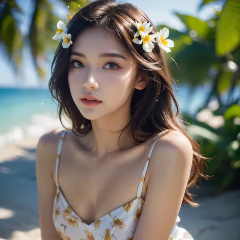 mdnn, (sharp focus:1.2), portrait, attractive young woman, (beautiful face:1.1), detailed eyes, luscious lips, (eye makeup:1.2), (tight body:1.2), wearing (flowery dress:1.2) at (the beach:1.2). (morning sun lighting:1.2), depth of field, bokeh, 4K, HDR. b...