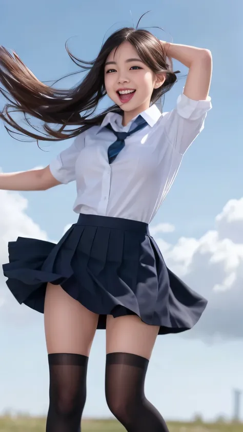 ((full body shot))、realistic,photorealistic,Super detailed,perfect shading,shiny skin,Big eyes、long eyelashes、Neat and clean hairstyle、smile、open your mouth、school life,school uniform,girl,軽いsmile,schoolyard、((Skirt flips up in strong wind、Skirt rolled up ...