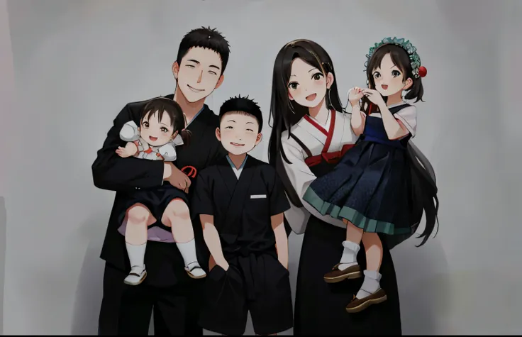 via photo given，Generate Japanese anime-style pictures that look exactly like the characters in the photo，happy family of five，Father，Mother，elder brother，Two sisters，Must have granary and corn elements，8K quality.Requirement 16:9 panorama