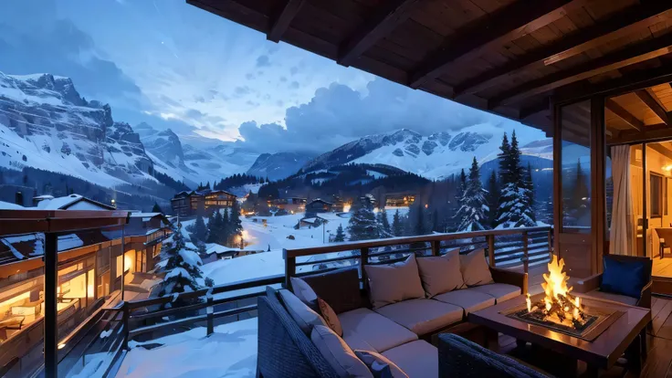 Super luxury ski resort,Switzerland,Open terrace on the slope of the hill,restaurant,snow scene,Nice views,cloudy sky,night,