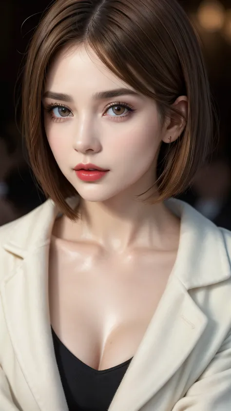 beautiful woman, french woman, masterpiece, best quality, ultra detailed, photo realistic, shiny eyes, detailed face, beautiful eyes, brown eyes, detailed eyeshadows, brown hair, french bob hairstyle, red lip, makeup, (attractive:1.5), sharp focus, puffy e...