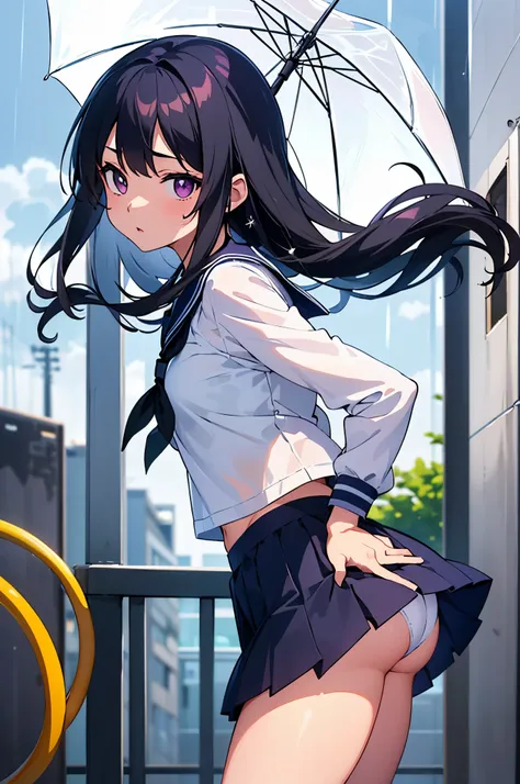 Entrance to the apartment　gloomy cloudy weather with rain　elementary school girl　8-year-old　flat chest　black hair　long hair　eyes are purple　（（1 person））　White upper body long sleeve sailor uniform　Lower body navy blue miniskirt　white panties　white socks　sp...