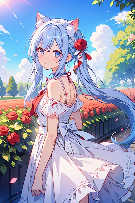 Cat ear　blue hair　twin tails　white dress　red rose　無数のred rose　outside　rose field　lots of roses　under the sun