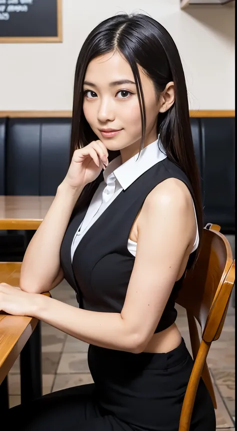 highest quality, masterpiece, 8K quality, high detail, photonic style, detailed background, A 20-year-old beautiful woman wears a business skirt, woman wearing a business suit. White business shirt inside,She leans back on a chair at a stylish cafe, With a...