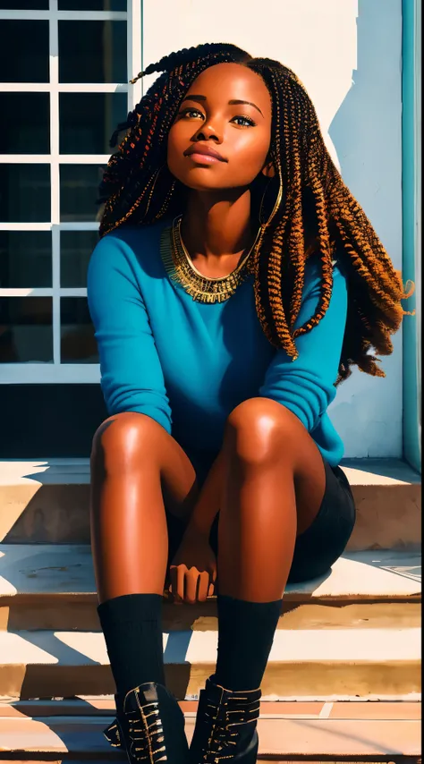 a woman with a long hair, inspired by Chinwe Chukwuogo-Roy, pretty black girl, african american girl, black teenage girl, sitting near a window, natural_light, watercolor portrait, trending on artstration, apathetic, shiny curly braids, highly detailed, 8k...