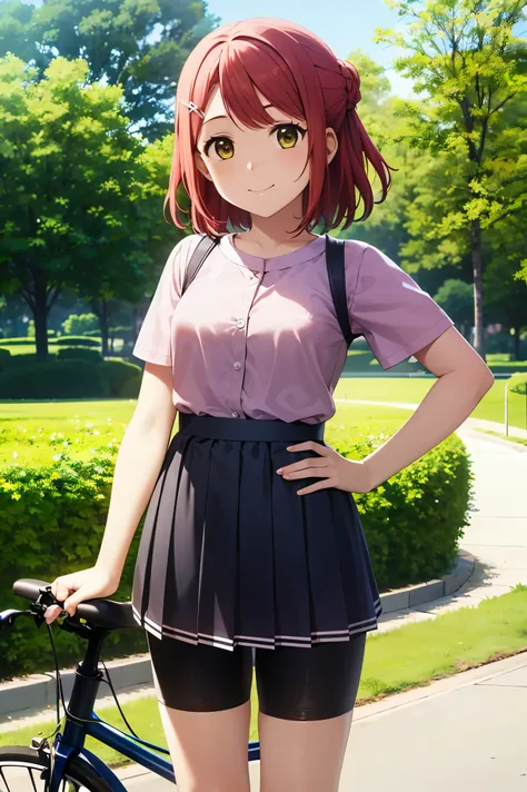 (best quality, masterpiece:1.2), 1girl, solo, cute, looking at viewer, smile, smilling, uehara ayumu, yellow eyes, medium hair, braided bun, pink hair, yume e no ippo dress, holding viewer hand, bike shorts,