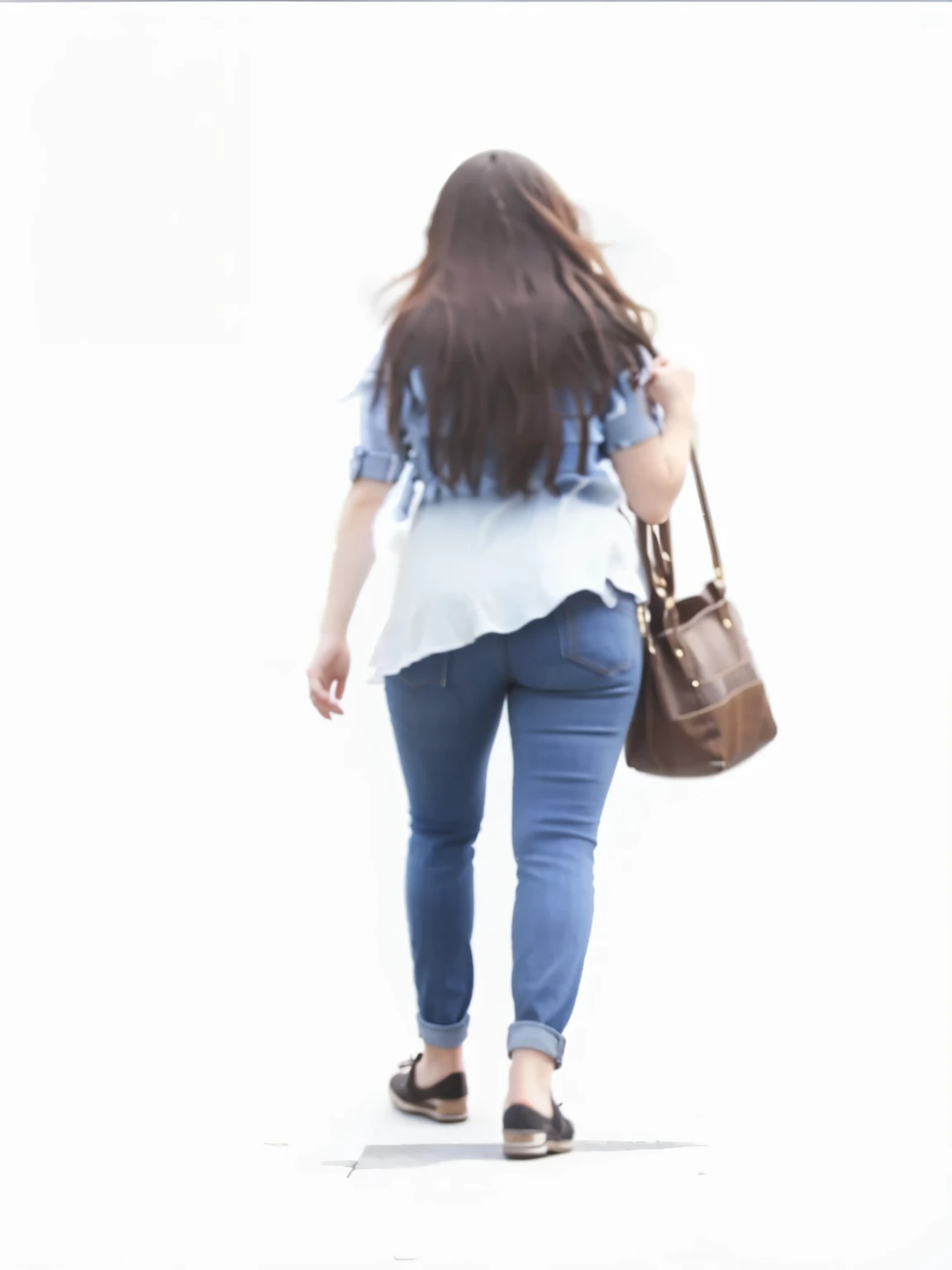 painting of a woman walking with a purse and a handbag, ( ( ( wearing jeans ) ) ), away from camera, Reduce body size, away from camera, dress loosely, a woman walking, long distance full body photo, rotoscoped, photo from behind, Full body view from a dis...