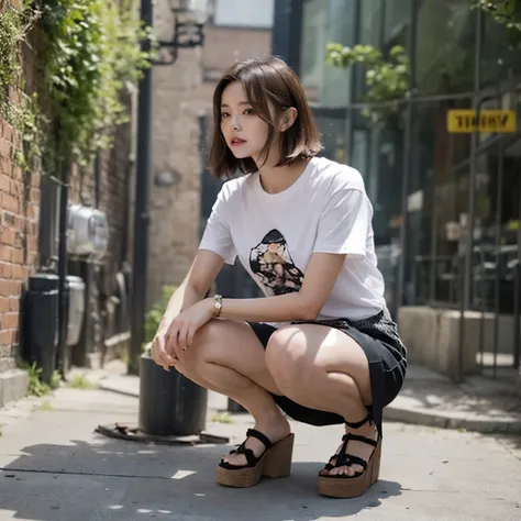 (squatting:1.5), woman wearing a short t-shirt skirt，height 1.8 meters，expensive，perfect proportions，short hair，Platform Sandals，eye make up，perfect body，wonderful