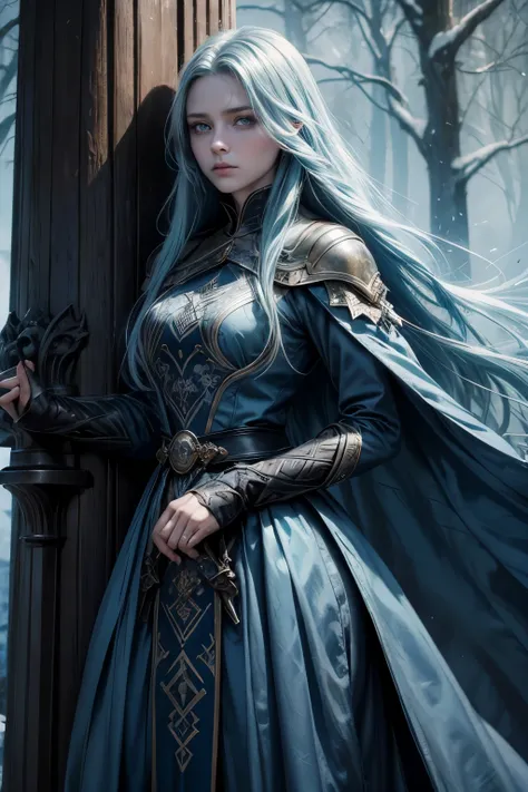 girl with blue beautiful long hair, blue eyes, in a medieval long closed dress, in a winter coat, scarred hands, Beautiful face, stern face, cold face, with sword in hands, Masterpiece, high quality, dark fantasy, closed long dress, sad face, blue long hai...