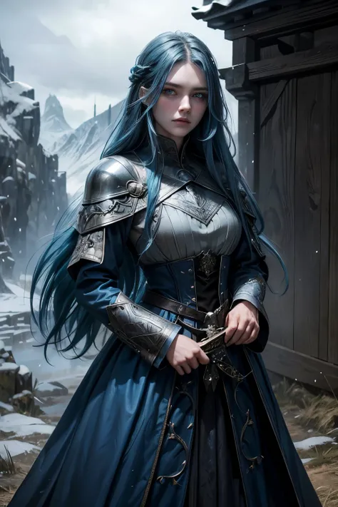 girl with blue beautiful long hair, blue eyes, in a medieval long closed dress, in a winter coat, scarred hands, Beautiful face, stern face, cold face, with sword in hands, Masterpiece, high quality, dark fantasy, closed long dress, sad face, blue long hai...