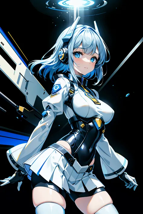 nsfw, love face, (very very happy), (mecha musume, android girl), low teen, stylish angle, stylish pose, (headphone, mechanical torso, mechanical clothes), looking at viewer, cropped bangs, blue miniskirt, plastics corset, beautiful light effect, caution d...