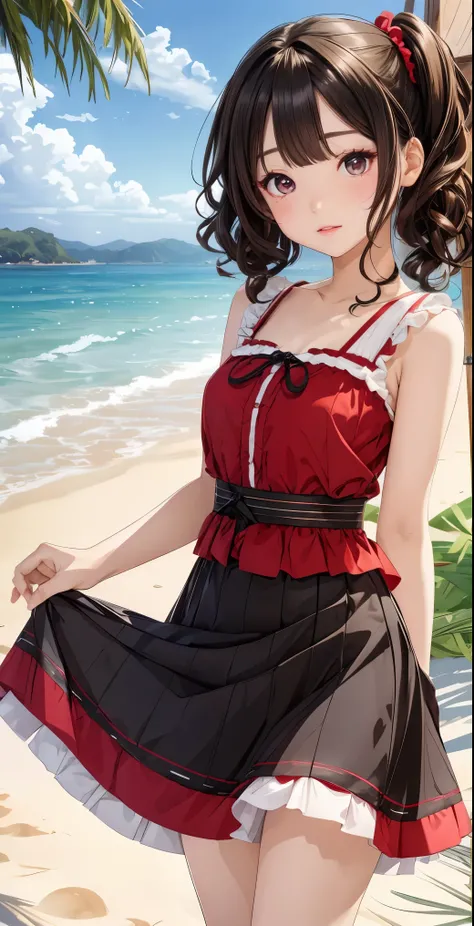 on the beach, japanese girl, summer dress, , curly black medium hair, twin tails,  Scrunchie,,( smile:1) ,  lip details, highly detailed face ,  high quality rendering , (4k, High resolution:1.37), , skirt lift