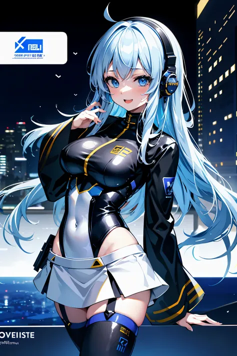 city scape, nsfw, (love face, very very happy:1.5), (mecha musume, android girl), low teen, stylish angle, stylish pose, (headphone, mechanical torso, mechanical clothes), looking at viewer, cropped bangs, blue miniskirt, plastics corset, beautiful light e...