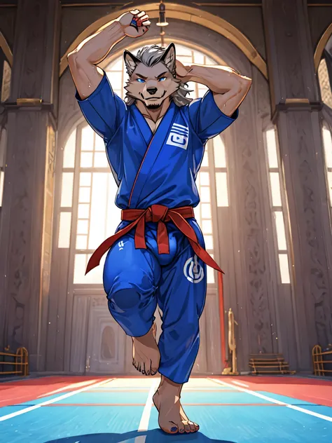 gray wolf、Judo uniform about to come off、great abs、silver mane、pubic hair、navel hair、armpit hair、blue and dark blue eyes、huge bulge in the crotch、Crotch about to burst、Judo Hall Background、Kicking pose、Pose with one arm raised、Composition looking up from d...