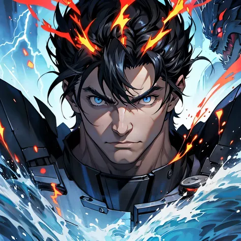 1 male anime character, Demon with black hair, blaue Augen, Muscular, aggressiv, portrait, white lightning and fire in the background
