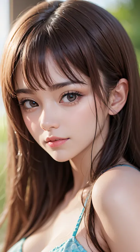 beautiful white and shining skin、chestnut hair that changes depending on the light、long bangs between the eyes that obstruct the...