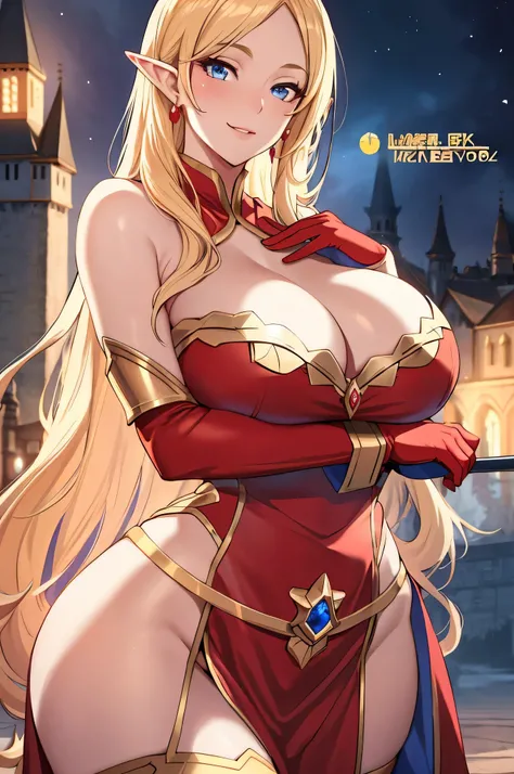 Lian, long blonde hair, long elf ears, hair stick, bangs, blue eyes, solo, smiling, standing, upper body, hips, bare shoulders,purple thighhighs,red dress, gold jewelry,armor,gloves,circlet, cleavage, red and gold royal castle, gigantic breasts, (best qual...