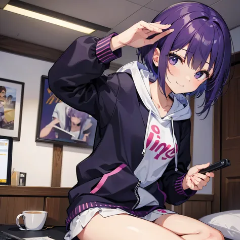 (T Masterpiece，4k wallpaper，best quality))、((girl１people))、(solo)、Shining and vivid，(purple hair)、(shortcut:1.3)、smile、Bedroom、hoodie、morning