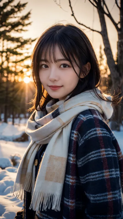 (highest quality,masterpiece:1.3,ultra high resolution),(Super detailed,caustics,8k),(photorealistic:1.4,RAW shooting),(sunset),(Backlight),(sunset sky),(dusk),(snowfield),grove of trees,18-year-old,cute,Japanese,Black Hair Middle Hair,(look up a little),(...