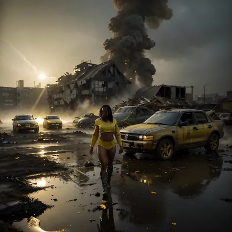 A black woman walking in a swamp wasteland surrounded by broken buildings and damaged cars, floating broken particles in air floating, sun shining a dark moody yellow light in the scene, the yellow light providing a yellow color grading, a thick yellow fog...