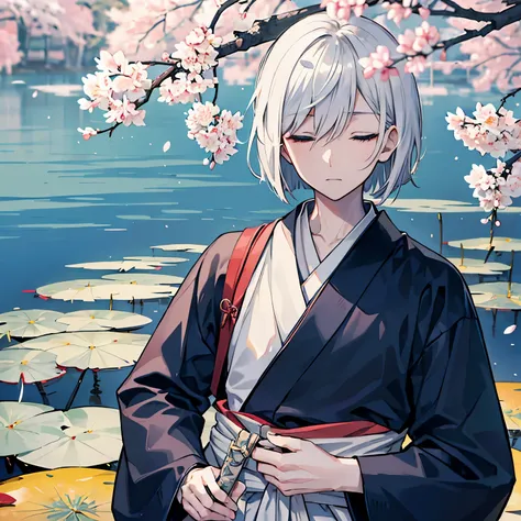 a young man, expressionless, neutral, Japanese ink, bob cut, white hair, eyes closed, Scar around left eye, upper body, japanese clothes, Dark blue hakama, Dark blue kimono, a Japanese sword slung diagonally across the waist, Water lilies brooch on clothes...