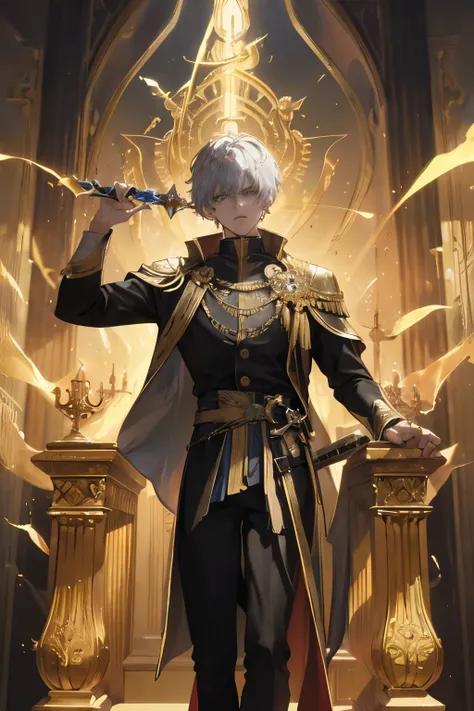 In the breathtaking two-dimensional realm, a valiant boy stands firm, radiating an aura of divinity as he grasps the magnificent sword in his hands. The sword, shimmering with intricate patterns, exudes a brilliant light that pierces through the darkness, ...