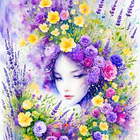 (masterpiece, best quality:1.2), Watercolor flower paintings present a delicate and refreshing visual effect. Wildflower and lavender fields，The perfect combination of nature and romance. The screen is dominated by a white background, Highlight isolated wa...