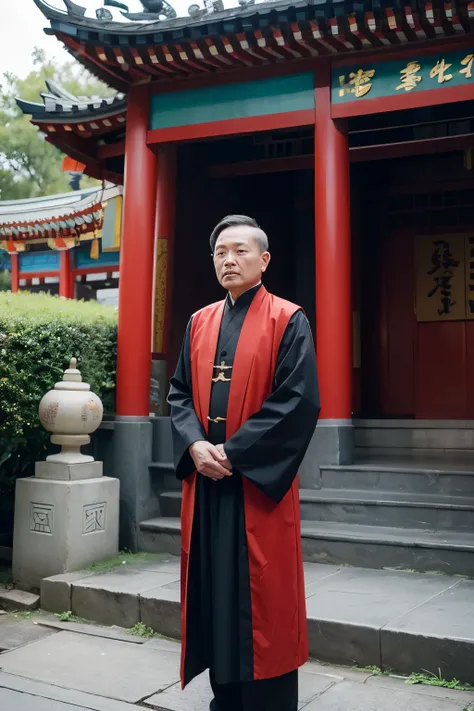 A Taoist priest stands in front of the Taoist temple