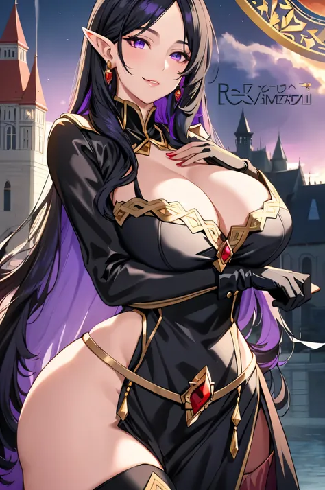 Lian, long black hair, long elf ears, hair stick, black clothes, bangs, violet eyes, solo, smiling, standing, upper body, hips, bare shoulders,purple thighhighs,red dress, gold jewelry,armor,gloves,circlet, cleavage, red and gold royal castle, gigantic bre...