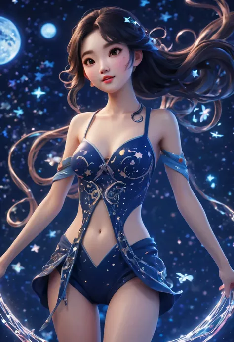 (best quality, high resolution, super sharp), magic ,Cute Chinese girl, tattoo, in a magic starry sky, tangled, full color, 3d crunch, long legs, whole body, 请SFW.