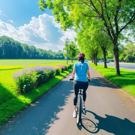 (a person:1.1,riding a bicycle:1.2),bright sunny day,clean and smooth road,green trees and flowers on the sides,fresh breeze:1.1,blue sky:0.9,faint clouds:0.9,vibrant colors,shadows and highlights,sharp focus,realistic details.