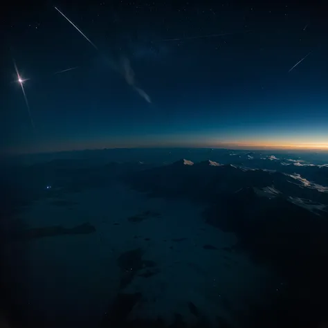 Night sky view from airplane window, clear night, starry sky