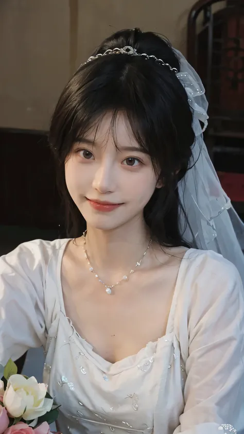 best quality， ultra high resolution， （realistically：1.4），cute hairpin，Baoyu Girl，Standing in the wedding hall，（flat chest：1.2） ，A pair of clear and charming peach blossom eyes,Royal sister，The sun shines on the face，Big wavy hairstyle，（necklace：1.2），（White...