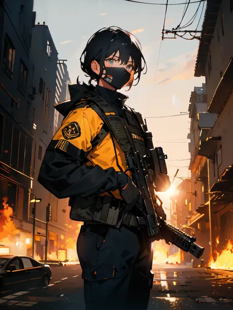 STAR15 mod, (masterpiece), (highest quality), (super detailed), (Best Illustration),(best shadow), looking at the viewer, cowboy shot, fiery destroyed city background, Tactical gear, tactical pouch, (gas mask:0.8), tactical armor, Assault rifle, handgun wi...