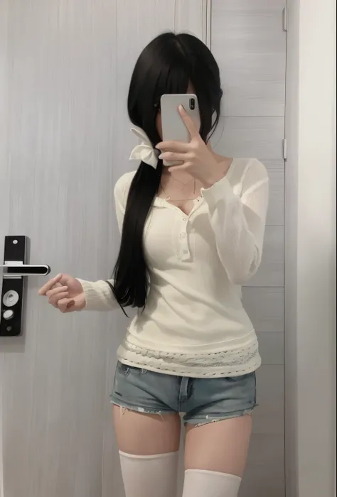 A woman takes a selfie in the mirror, 1 8 yes, Urzan, The motto is Teshirogi, 24 year old female model, Photos of slim girls, with long white, 19 year old girl, ( Ivory black ), white top, Yoshitomo Nara, Mr. Takemura