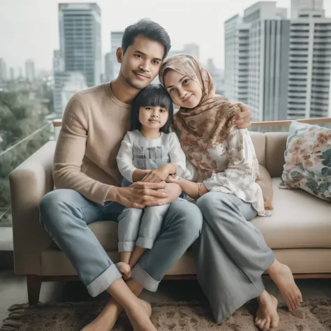 there is a man and woman sitting on a couch with a , an indonesian family portrait, happy family, home photography portrait, portrait of family of three, family portrait, lonely family, husband wife and son, 60mm portrait, 7 0 mm portrait, family photograp...