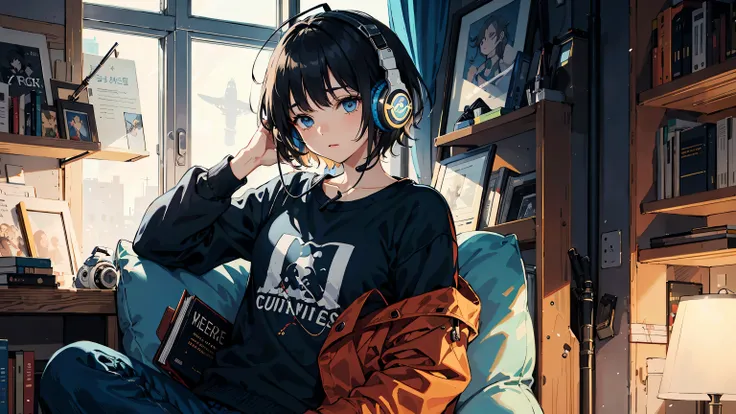 HD Clear, best images, Quality of illustrations, Super be familiar with, Young woman wearing black airplane casual sweatshirt, hold a book in front of her, sleepy eyes, masterpiece , highest quality , be familiar with, she is wearing headphones, listen to ...