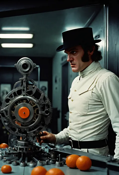 movie film shot, Dark fantasy inspired by Quentin Tarantino, like stanley kubrick, A Clockwork Orange shot on high quality film, intricate details、very fine、detailed, 