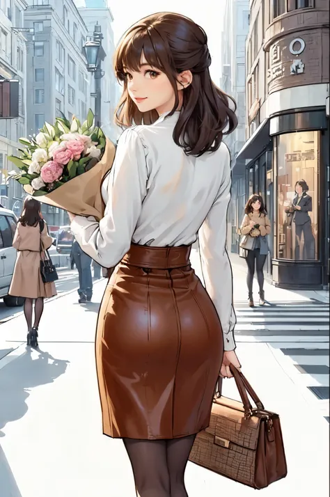 1lady solo, (looking back) (from behind), (strolling through city), brown (stylish outfit), leather skirt, mature female, /(dark brown hair/) bangs, light smile, (masterpiece best quality:1.2) delicate illustration ultra-detailed, large breasts BREAK (hold...