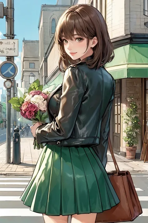 1lady solo, (looking back) (from behind), (strolling through city), dark green (stylish outfit), leather skirt, mature female, /(light brown hair/) bangs, blush light smile, (masterpiece best quality:1.2) delicate illustration ultra-detailed, large breasts...