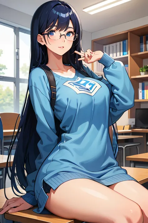 university student、University campus、class、Female college student、long hair、dark blue hair、straight hair、bangs、スイープbangedium breasts、perky breasts、Tight、blue eyes、shiny skin、glossy lips、with sexual meaning、Glasses