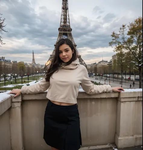 Give me a photo of Paris in winter at the Eiffel Tower  ((In winter, plants do not have leaves, are dry, but no snow, The day is cloudy)) nessa foto coloque Larissa usando uma roupa de frio fazendo pose para foto