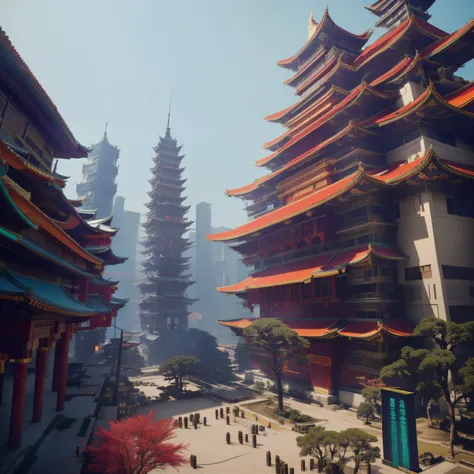 There is a big building，There are many windows and many trees, Cyberpunk Chinese Ancient Castle, Cyberpunk Japanese Temple, Ancient cyberpunk 8k resolution, Dream China Town, Colorful Fox City, Render with redshift, Fantasy style 8K Octane rendering, Cyber...