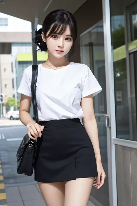 whole body、Beautiful woman、mini skirt、Black hair upstyles、In front of the hospital