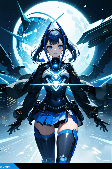 cityscape, NSFW, (Face of love, I&#39;m so happy:1.5), (mecha musume, cyborg girl), teen, stylish angle, stylish pose, (headphone, mechanical fuselage, mechanical clothing), looking at the viewer, bangs cut off, blue mini skirt, plastic corset, Beautiful l...